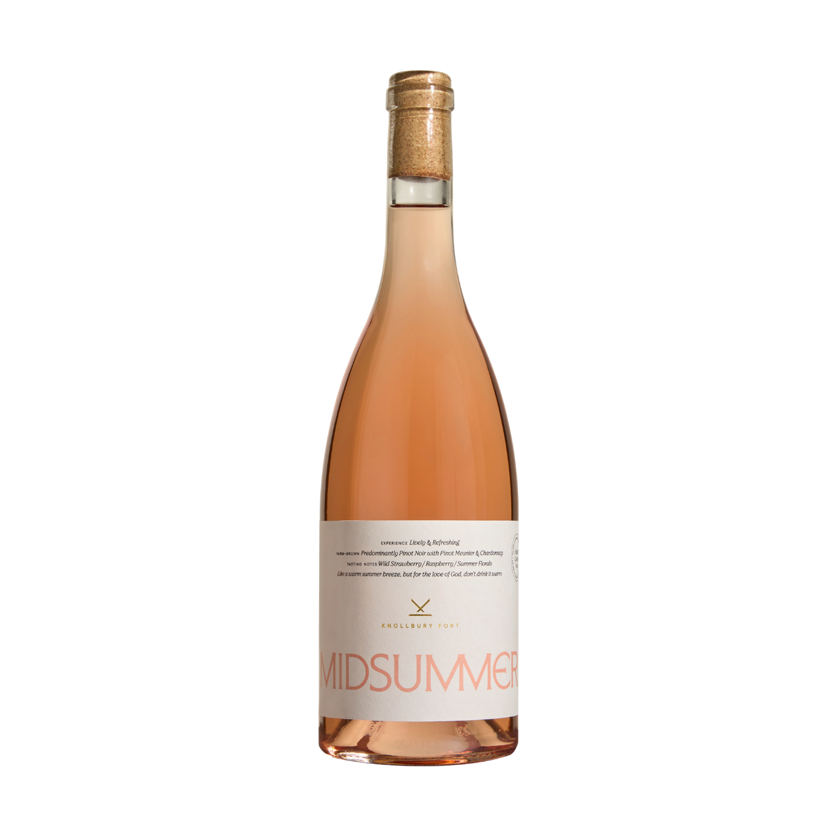 A bottle of Rosé Champagne by Rosé & Champagne, featuring a pale pink liquid, a corked neck, and a white label with 'MIDSUMMER' printed in coral pink, set against a plain white background. hide pdp